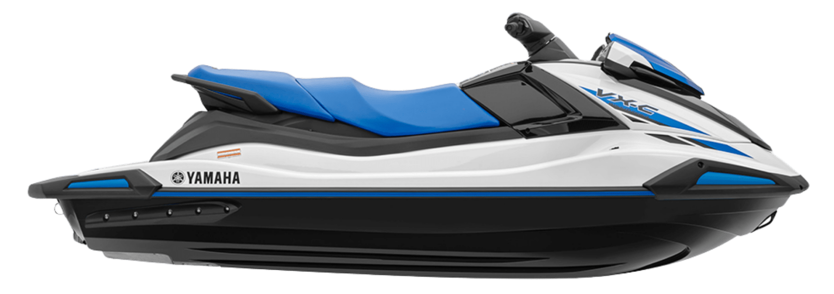 Side view of a blue and white Yamaha jet ski.