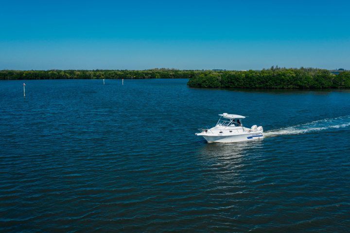 Boat cruising on a calm blue lake under a clear sky, with trees in the distance.