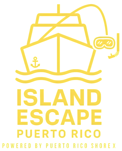 Yellow outline of a ship and snorkel, text: Island Escape Puerto Rico.